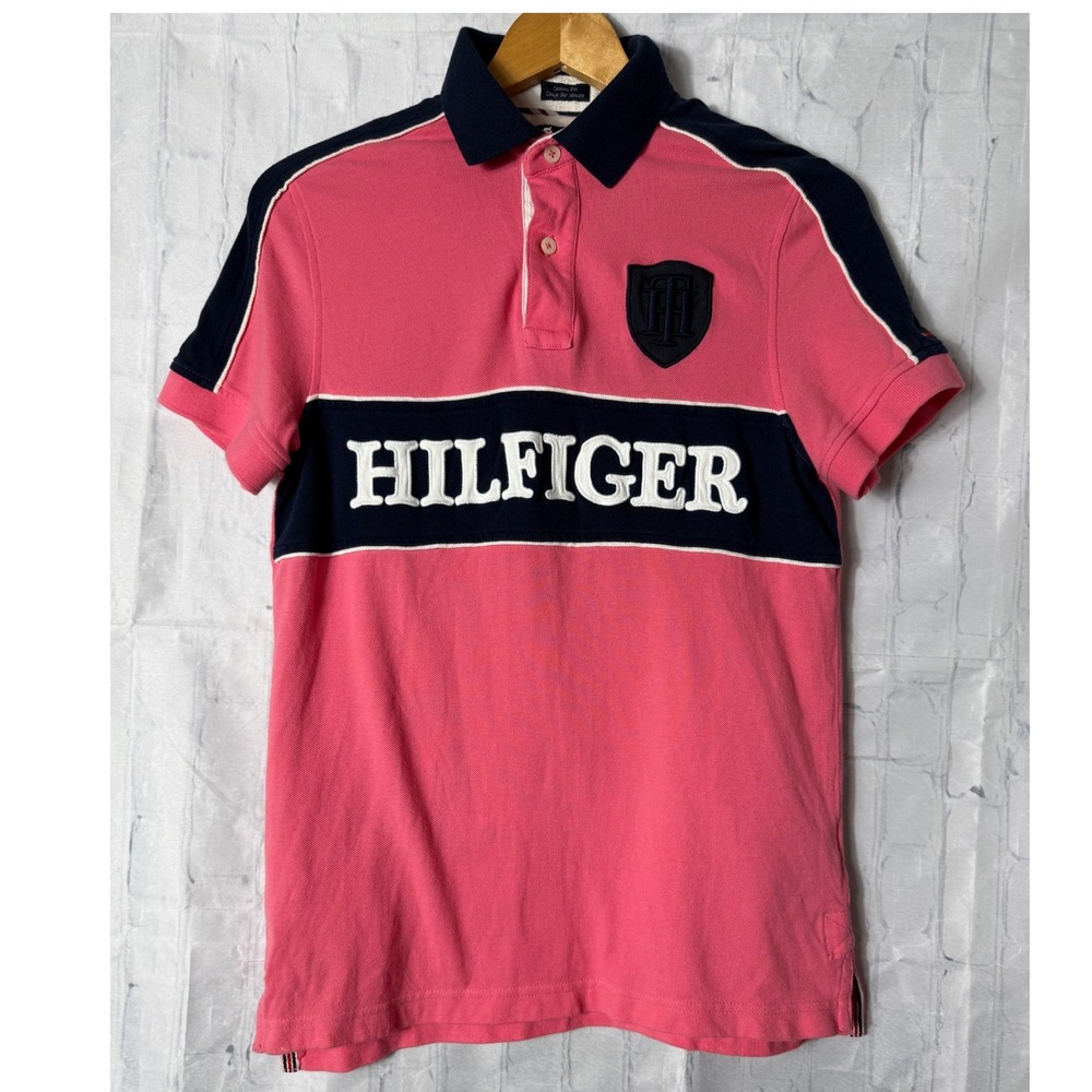 Tommy Hilfiger Polo Shirt Sz S Pink Navy Custom Fit Applique Crest Preppy Sporty